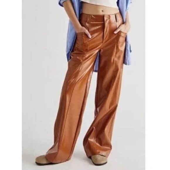 Shein Faux Leather Brown Straight Leg High Waist Pants sz L - Picture 3 of 10